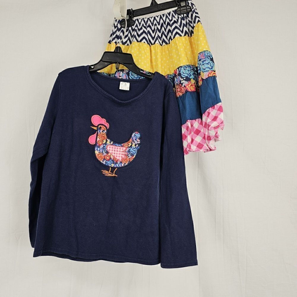 Girls Chicken Embroidered Outfit Printed Skirt Size 8-9T 4XL Long Sleeve